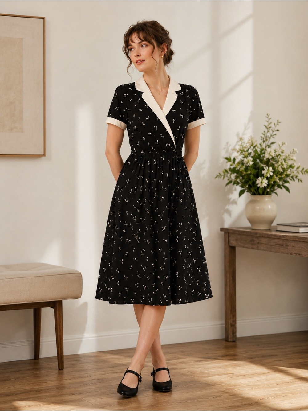 Joan Of California Floral Print Vintage Midi Dress Minimalist Dark Academia XS